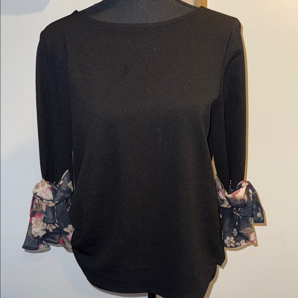 Black and Pink Ruffled Bell Sleeve Blouse